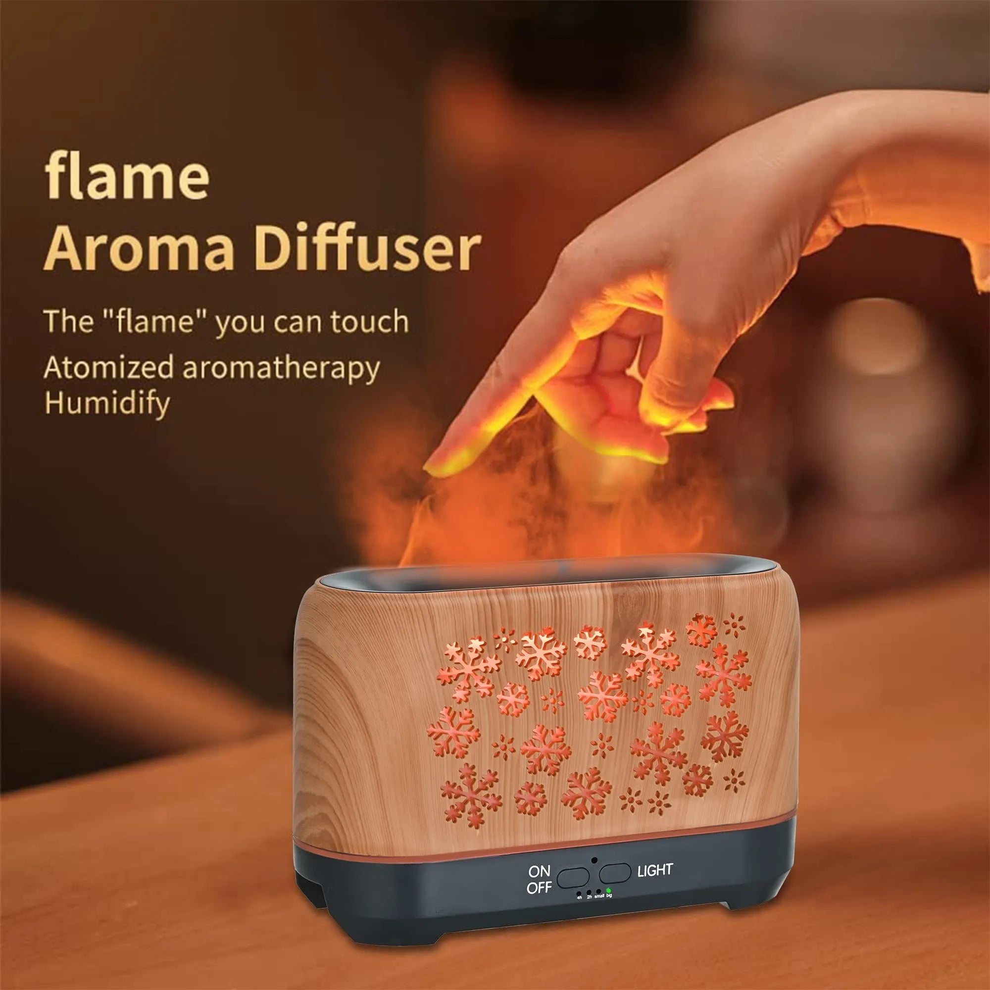 Square plastic humidifier with snowflake wood grain pattern emitting mist and 7-colour flame light effect