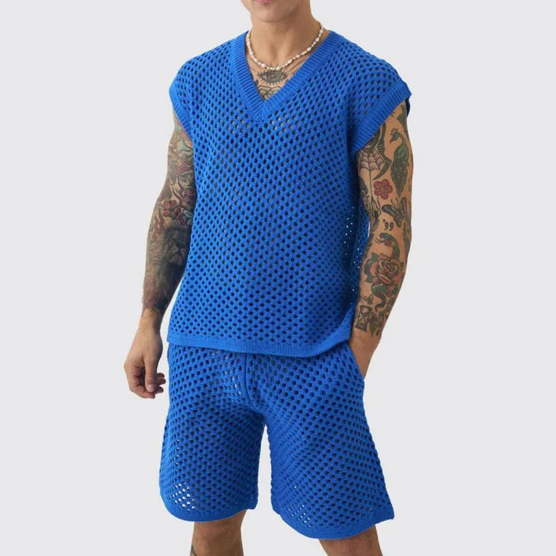 Men's blue V-neck vest with matching shorts set for summer sports activities