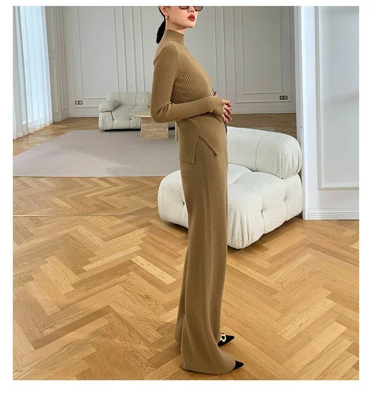 Women's knitted three-piece set showing sweater, wide-leg pants, and cardigan with leather stitching details