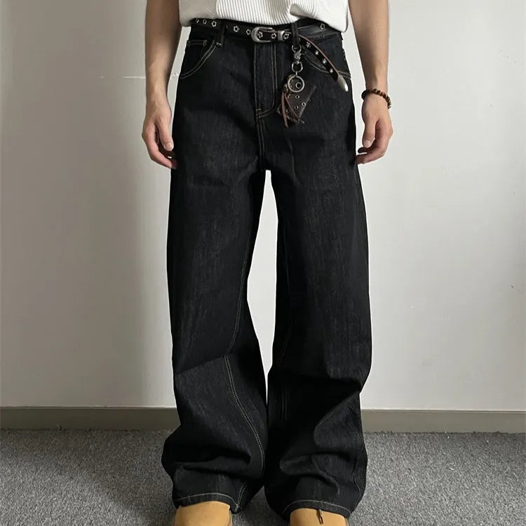 Black loose fit wide-leg jeans with straight-leg cut and retro styling