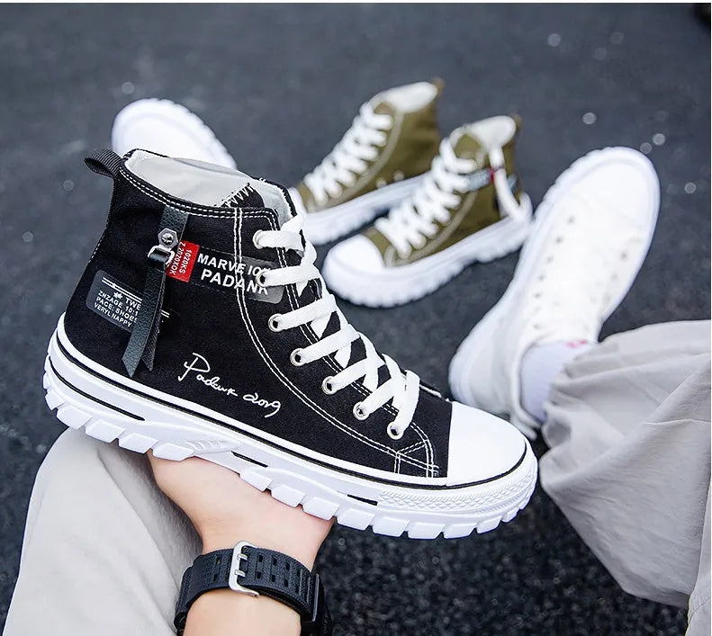 Men's high top canvas lace-up casual shoes in black, round toe, sizes 39-44