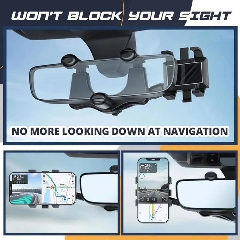 Black rearview mirror phone holder with 360 rotatable clamp and telescopic arm attached to car mirror