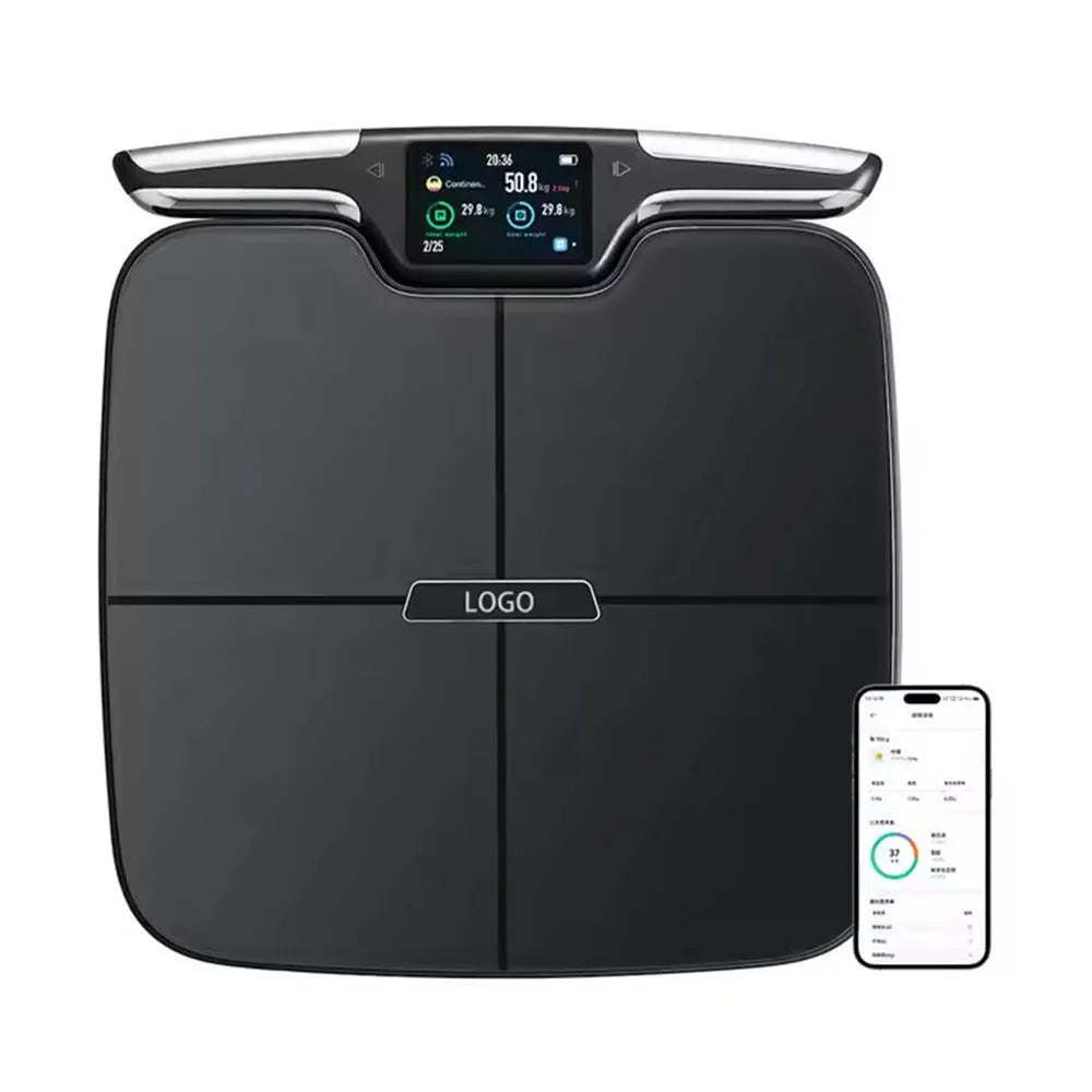 Black eight-electrode intelligent body fat weighing scale on a floor.