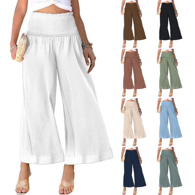 Women's high waist pleated casual trousers in cotton fabric with straight leg cropped design