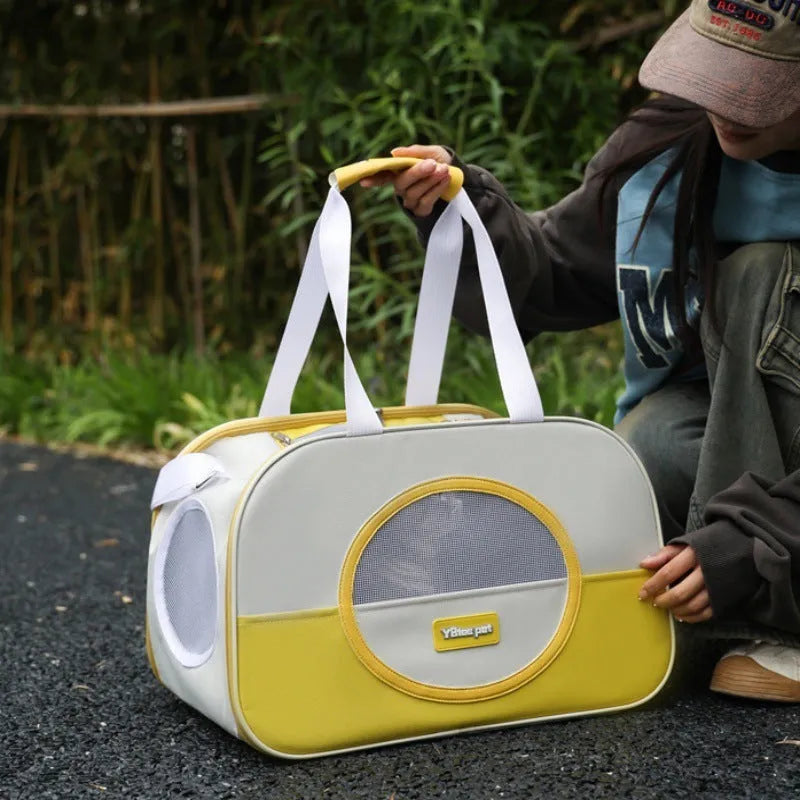 Blue foldable Oxford cloth cat backpack for outdoor use with mesh ventilation panels.