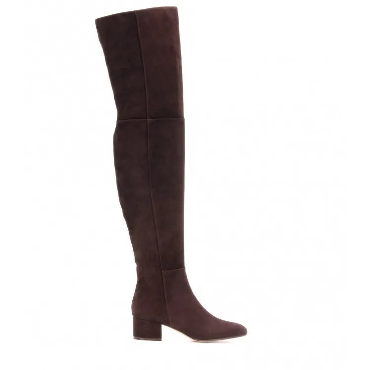 Grey suede women's flat over-the-knee boots with a pointed toe and low thick heel.