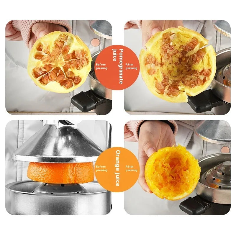 Black or white cast iron manual citrus juicer with stainless steel funnel on a kitchen counter.