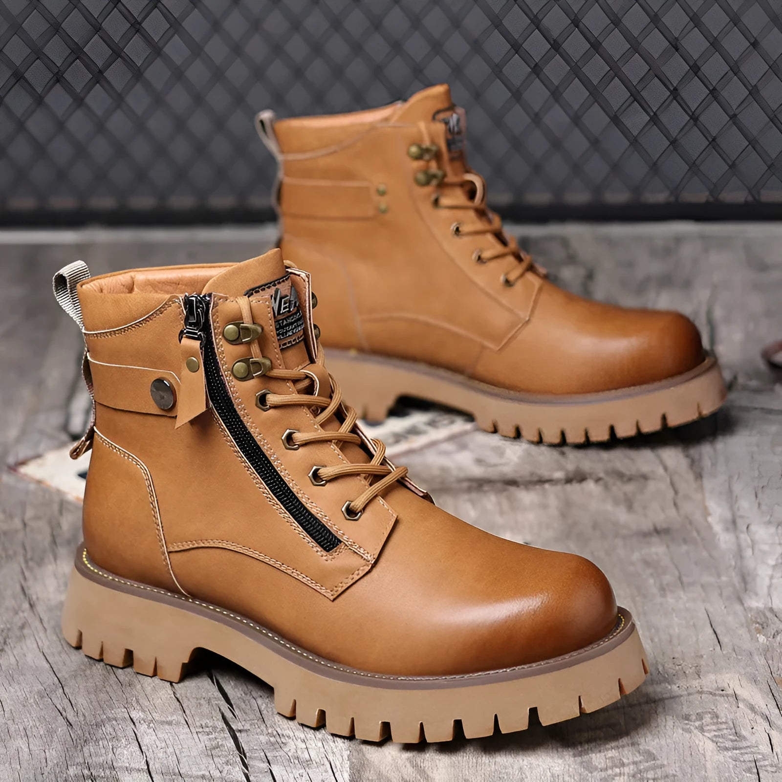 Men's brown high-top leather Martin boots with a velvet upper and a side zipper