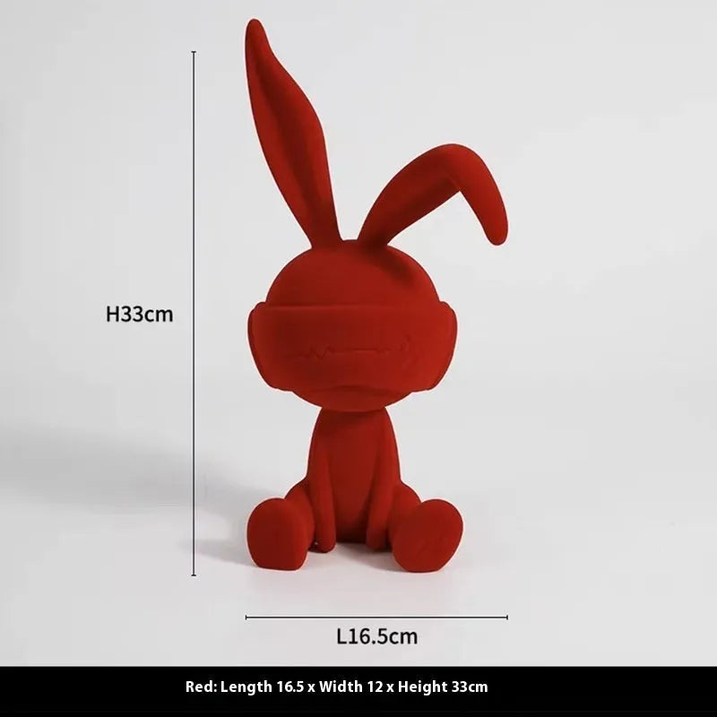 Suede blindfold rabbit resin table ornament in blue, green, or red colour
