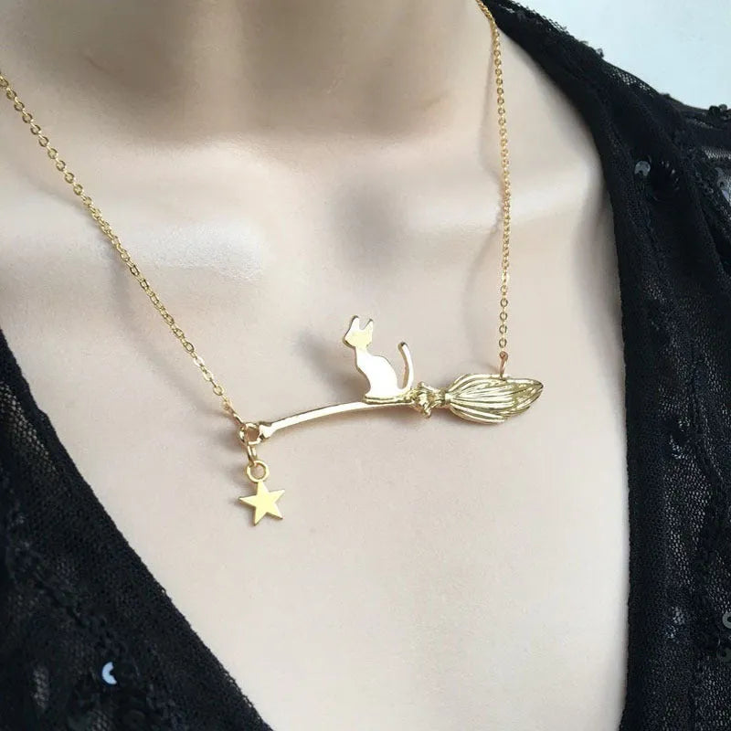Halloween black cat alloy necklace for women in gold, silver, black cat gold, or black cat silver finishes.