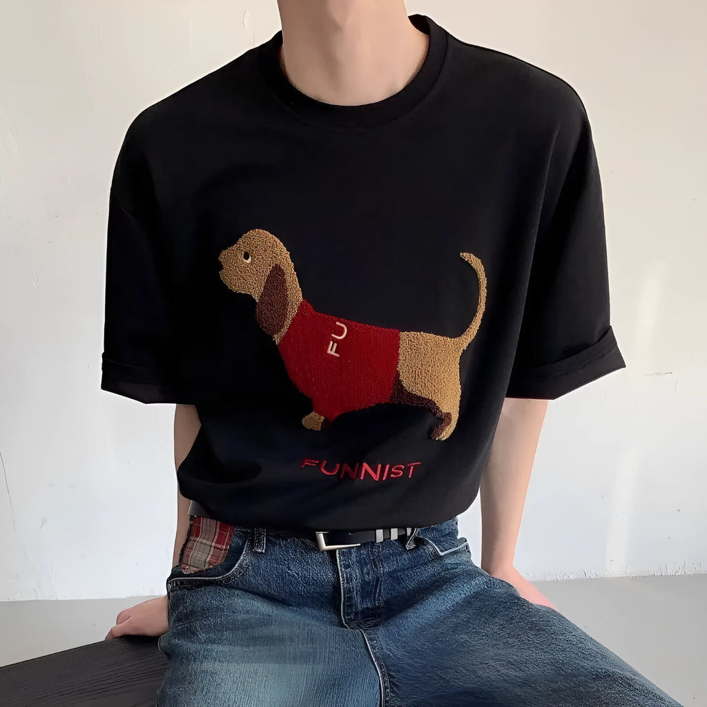 Men's grey cotton t-shirt with embroidered sausage dog holding towel design showing front view