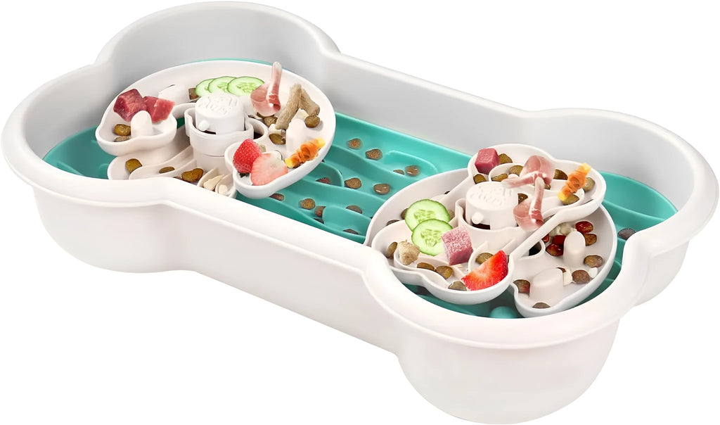 Large green slow feeder dog bowl with puzzle trays and non-slip suction cups.