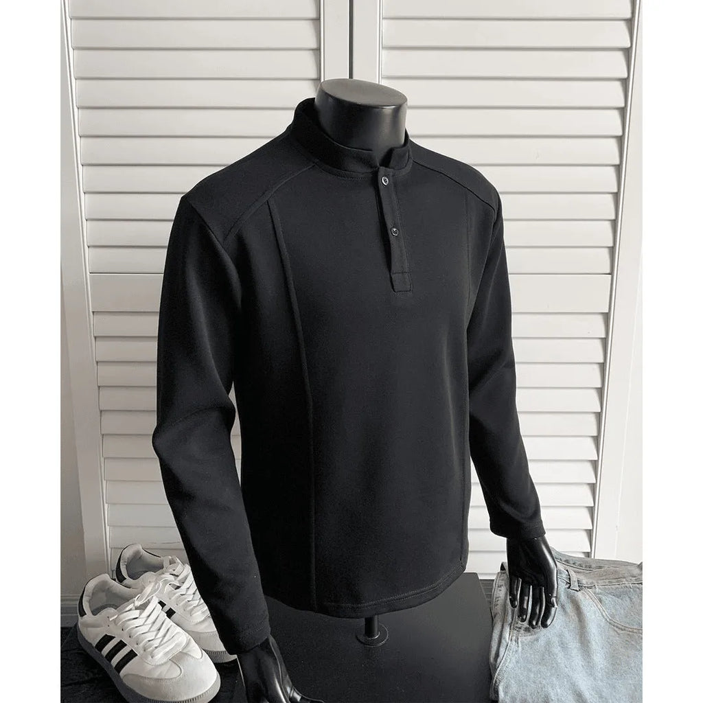 Men's patchwork stand-up collar polo shirt in Chinese cotton with asymmetric design