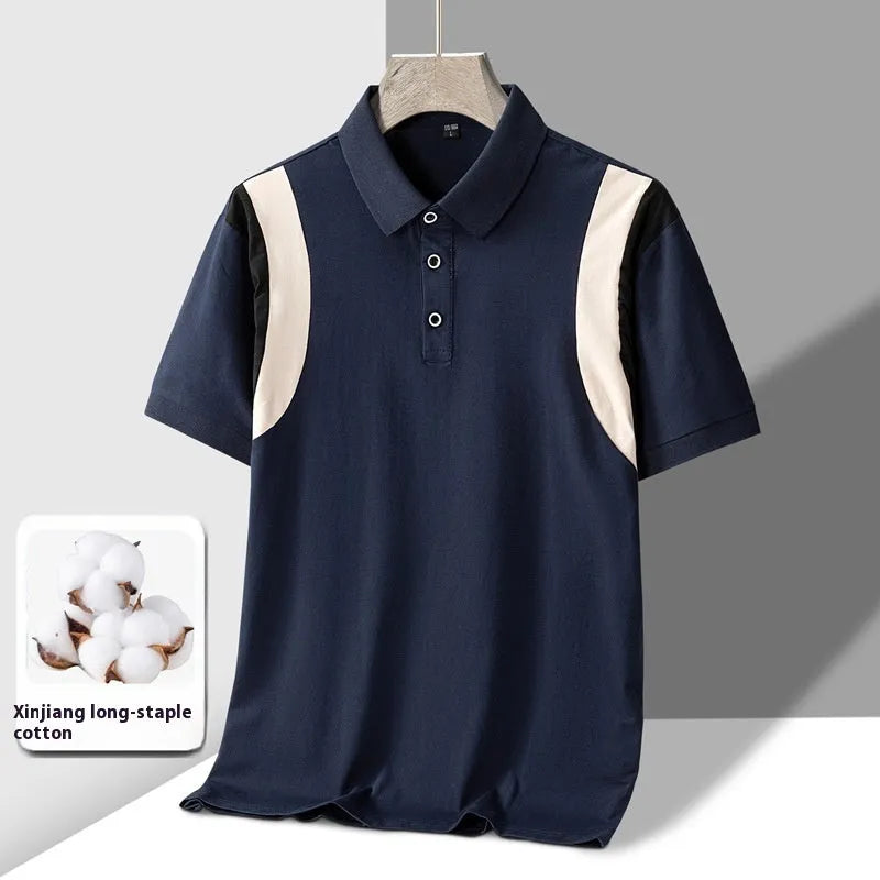 Man modelling a striped short-sleeved T-shirt with a business lapel collar in a loose fit.