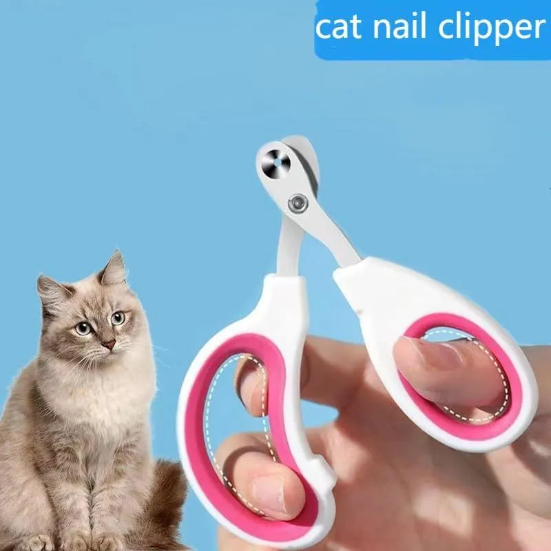 Blue professional cat nail clippers with a circular safety hole and cushioned non-slip handles.