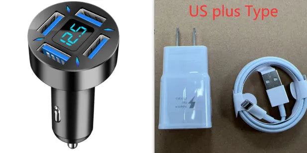 Black four-port USB car charger with LED digital display for 12V and 24V vehicles.