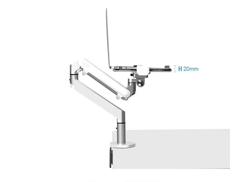 Silver aluminium hover arm laptop stand with adjustable height mechanism on wooden desk