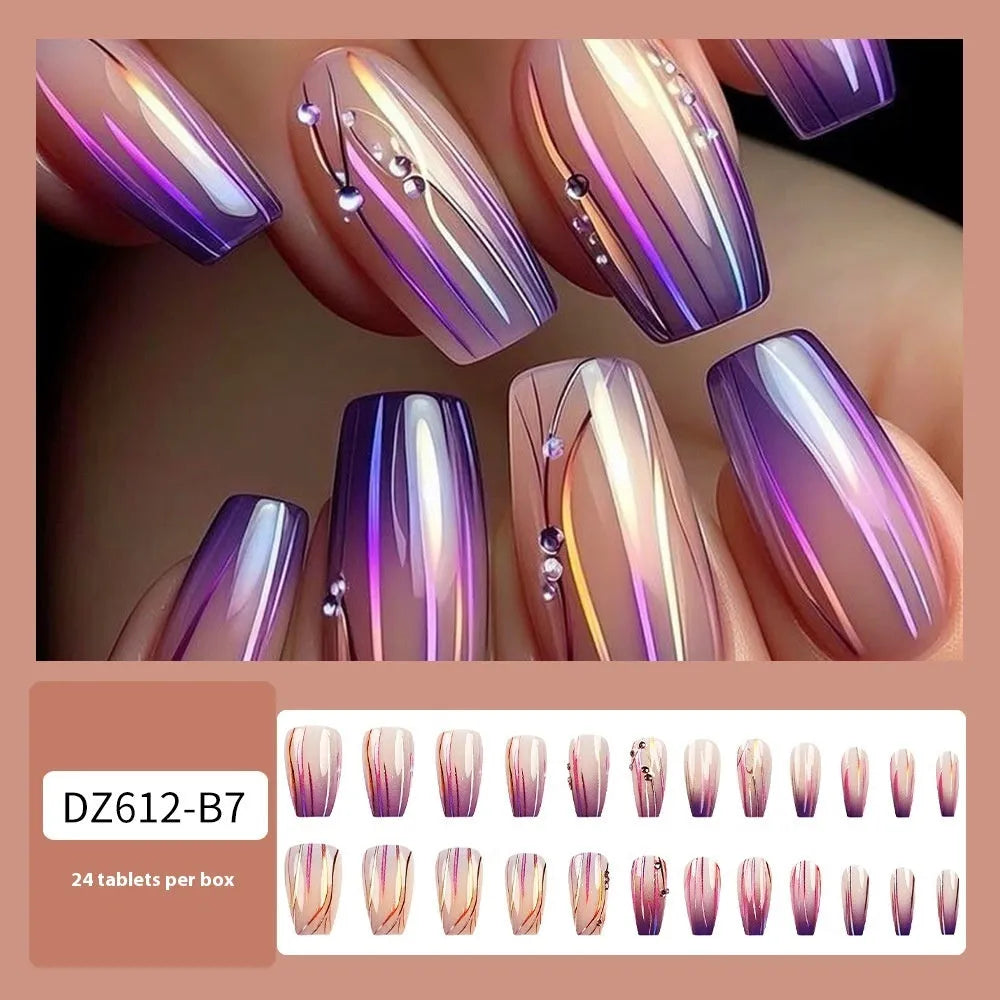 Magic Purple Line Gradient nail sticker set showing starry sky patterns with jelly glue tube