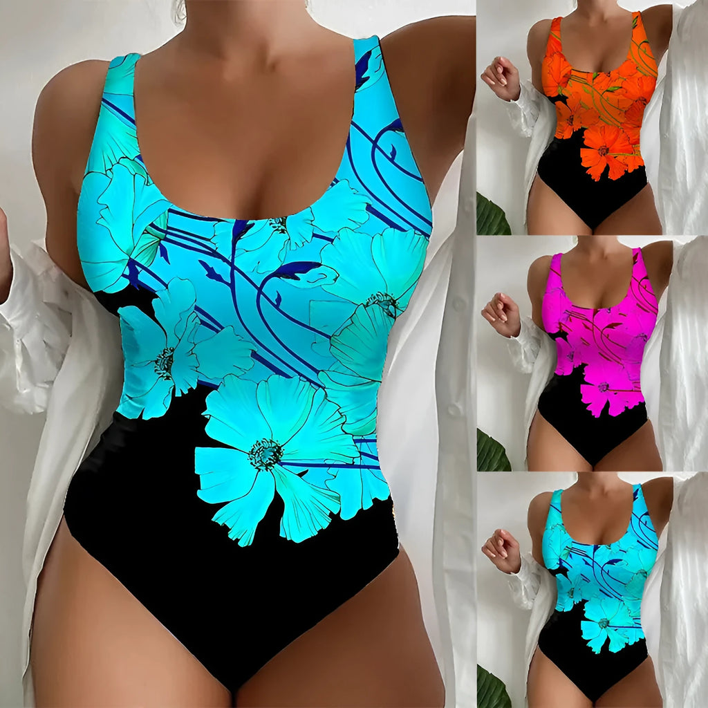 Women's one-piece swimsuit with 3D printed pattern in orange red, purple, and sky blue colours