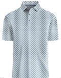 Man wearing a grey short sleeve T-shirt with a retro Japanese pattern and a decorative zipper on the chest.
