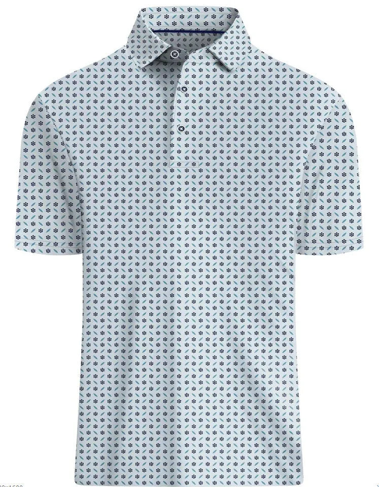 Man wearing a grey short sleeve T-shirt with a retro Japanese pattern and a decorative zipper on the chest.