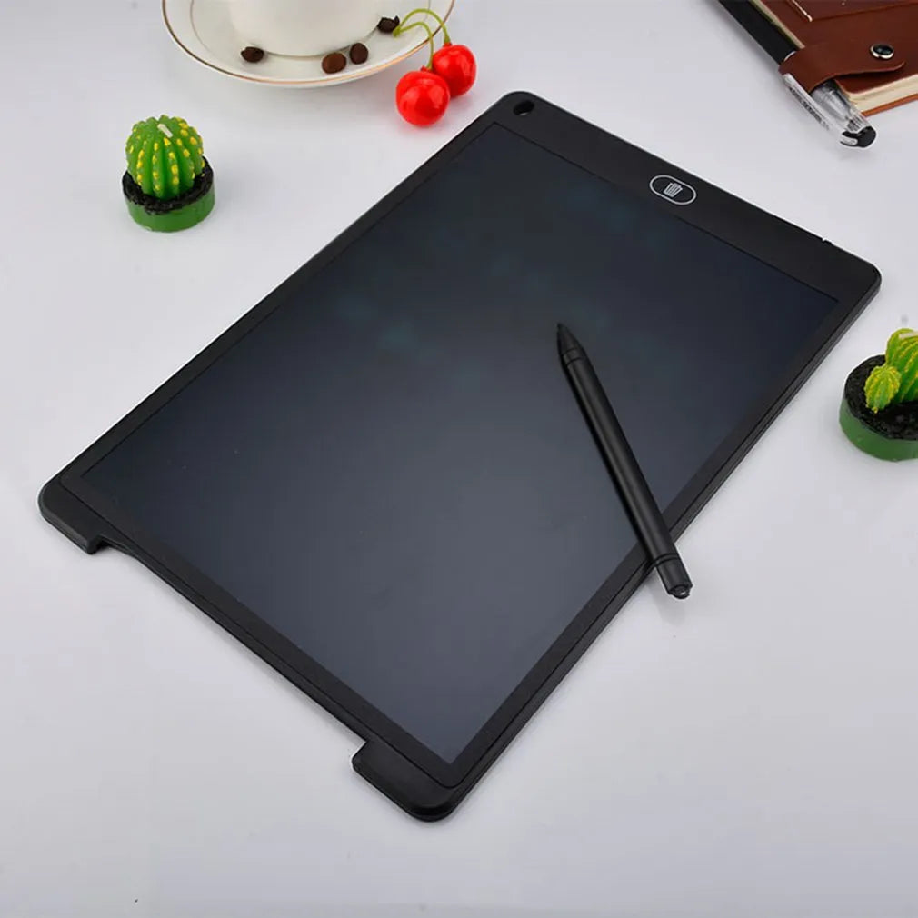 LCD electronic handwriting board for children showing 8.5 inch and 12 inch size options in black, blue, green, red.