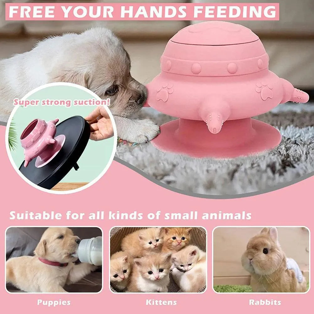 Pink silicone pet nursing bottle with bionic breast design and four pacifiers
