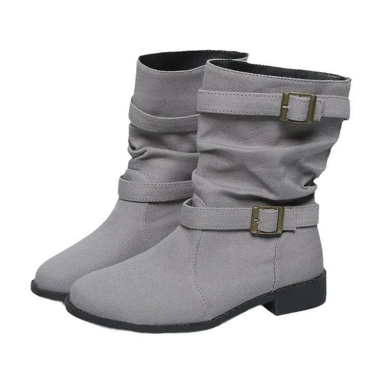 Women's square heel round toe denim leather boots in brown, mid heel 3-5cm, high cylinder, rubber sole