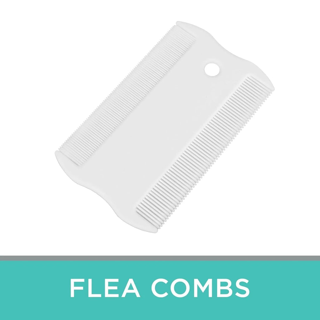 Double-sided plastic flea comb for dogs and cats with dense teeth for removing fleas and cleaning tear stains.