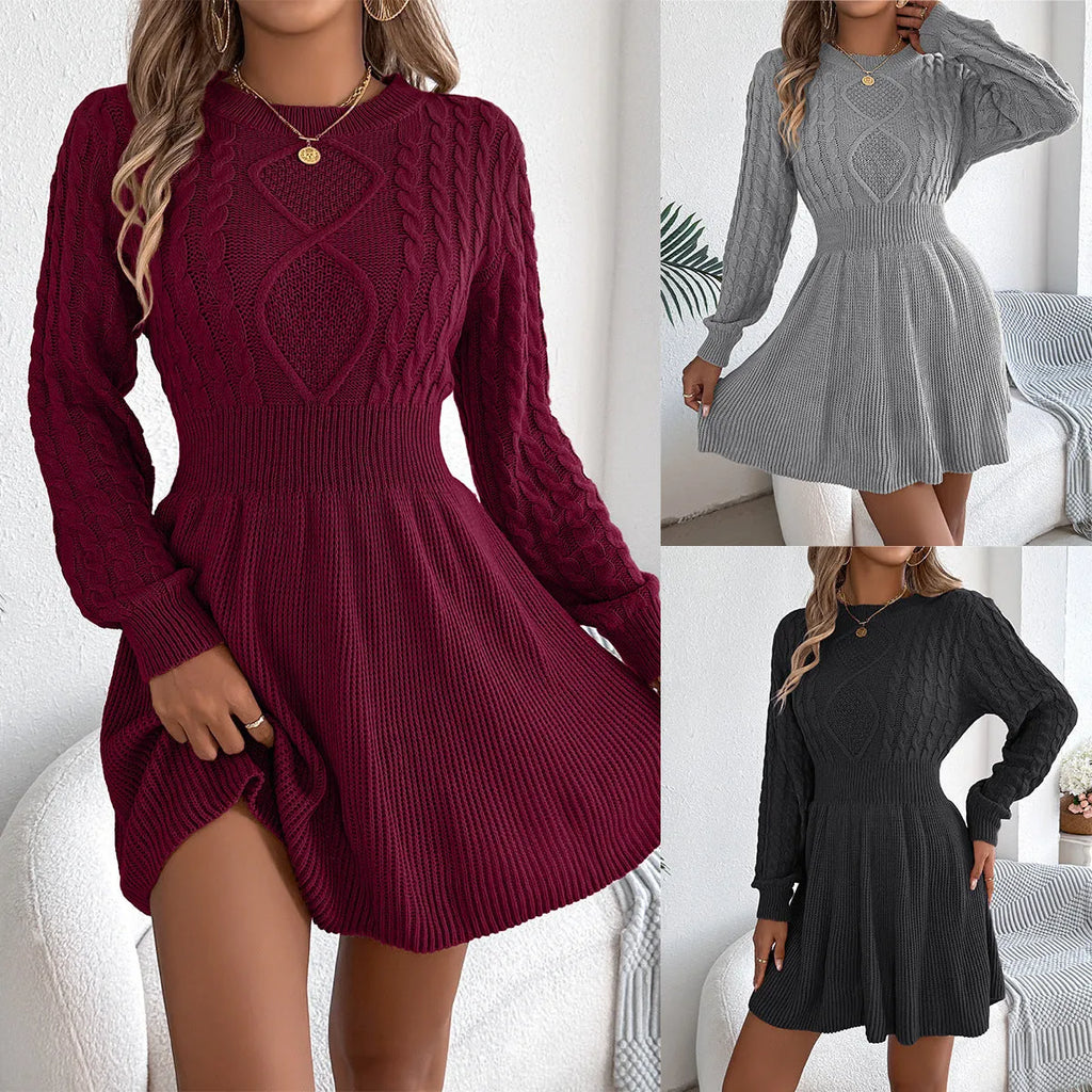 Women's solid colour lantern sleeve sweater dress with elastic waist in artificial fur fabric.