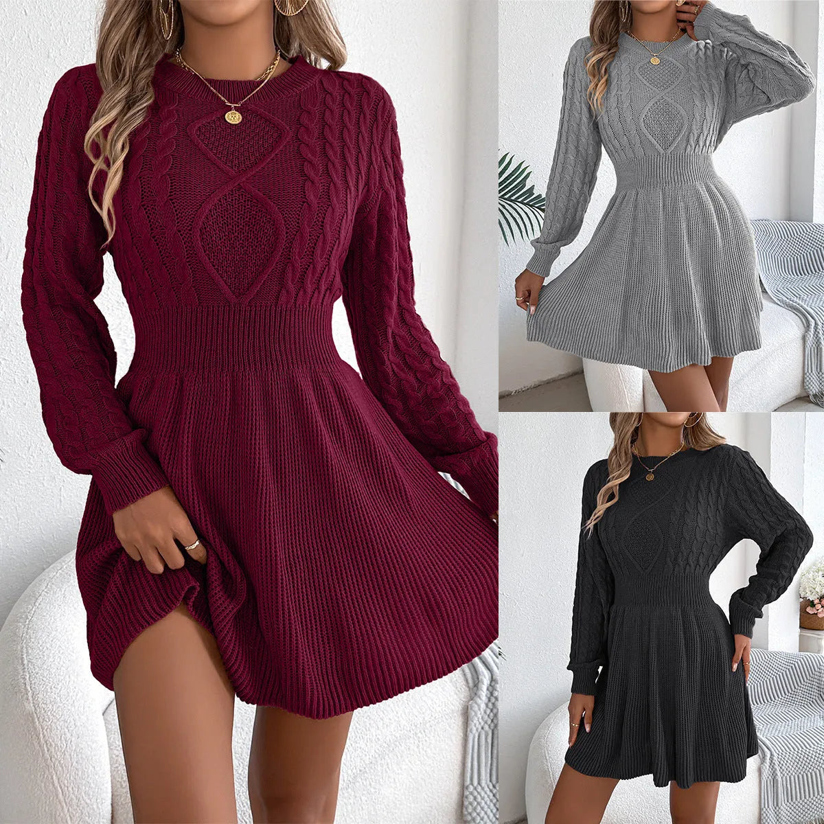 Women's solid colour lantern sleeve sweater dress with elastic waist in artificial fur fabric.