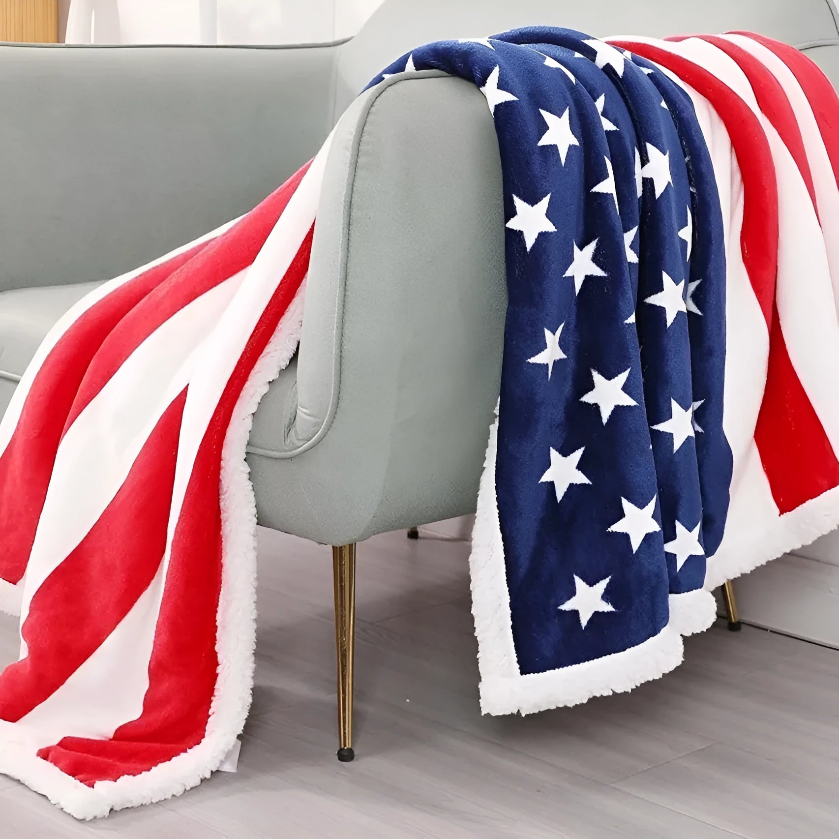 Striped polyester blanket in American style pattern showing three size options