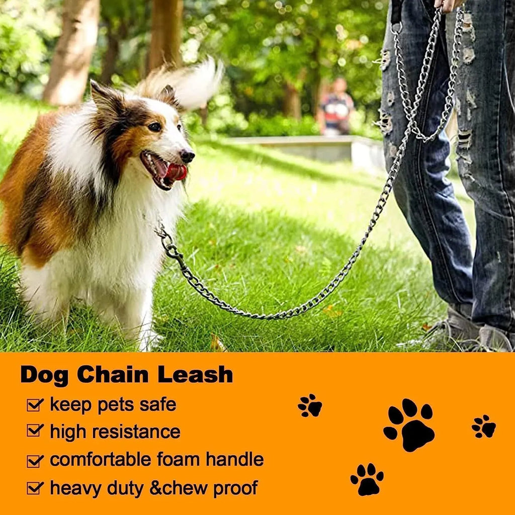 Heavy duty metal dog leash chain with soft black padded handle, shown in red colour.
