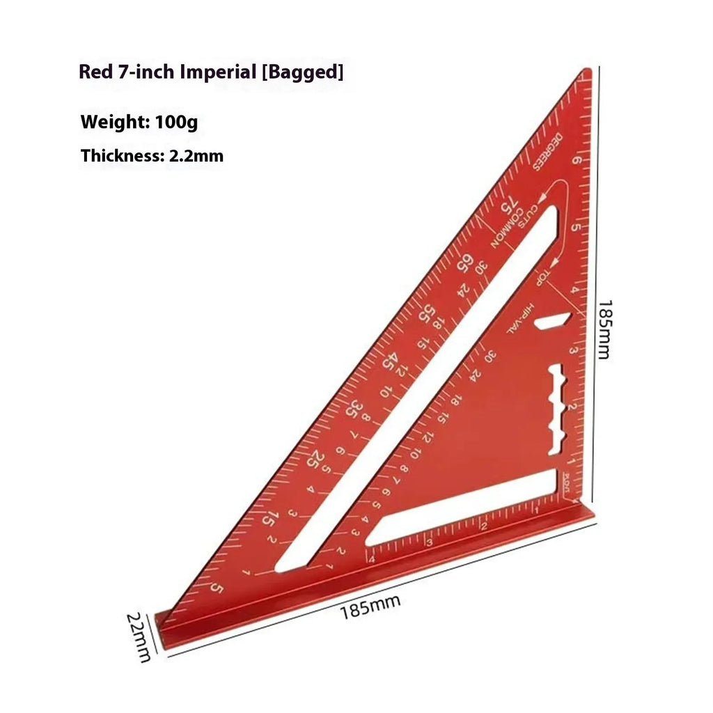 Red thin 7inch metal combination angle ruler with metric graduations on both sides for surveying