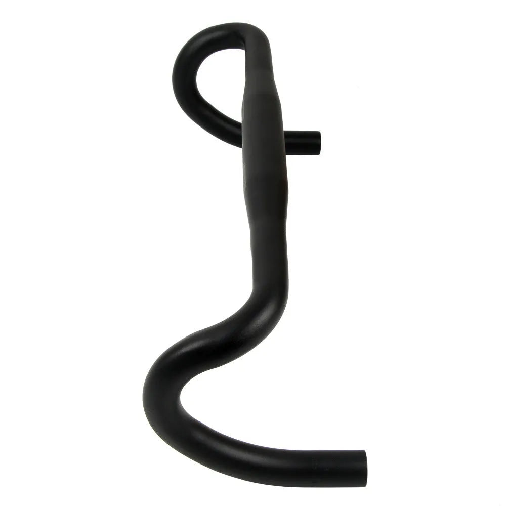 Black aluminium alloy road bike drop handlebar with printed width markings showing 31.8mm clamp diameter