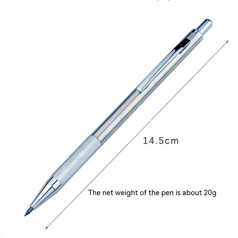 Metal automatic mechanical pencil with multiple lead size options including 0.5mm, 0.7mm, 0.9mm, 1.3mm, and 2.0mm