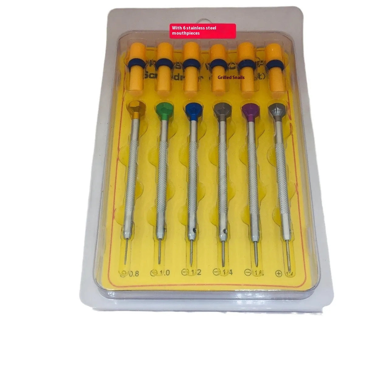 Six colour-coded screwdrivers with aluminium handles for watch repair work