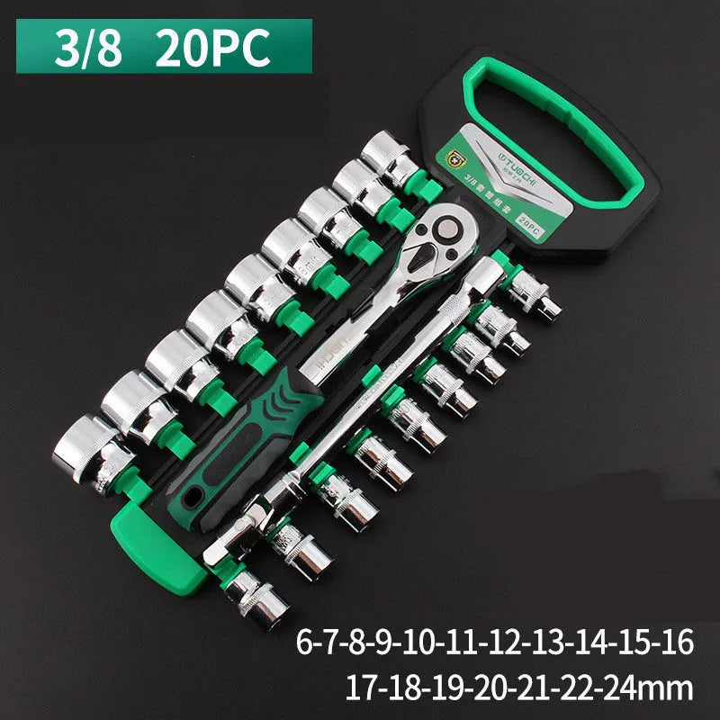 Multi-function socket casing ratchet wrench set in metric sizes with tool steel construction