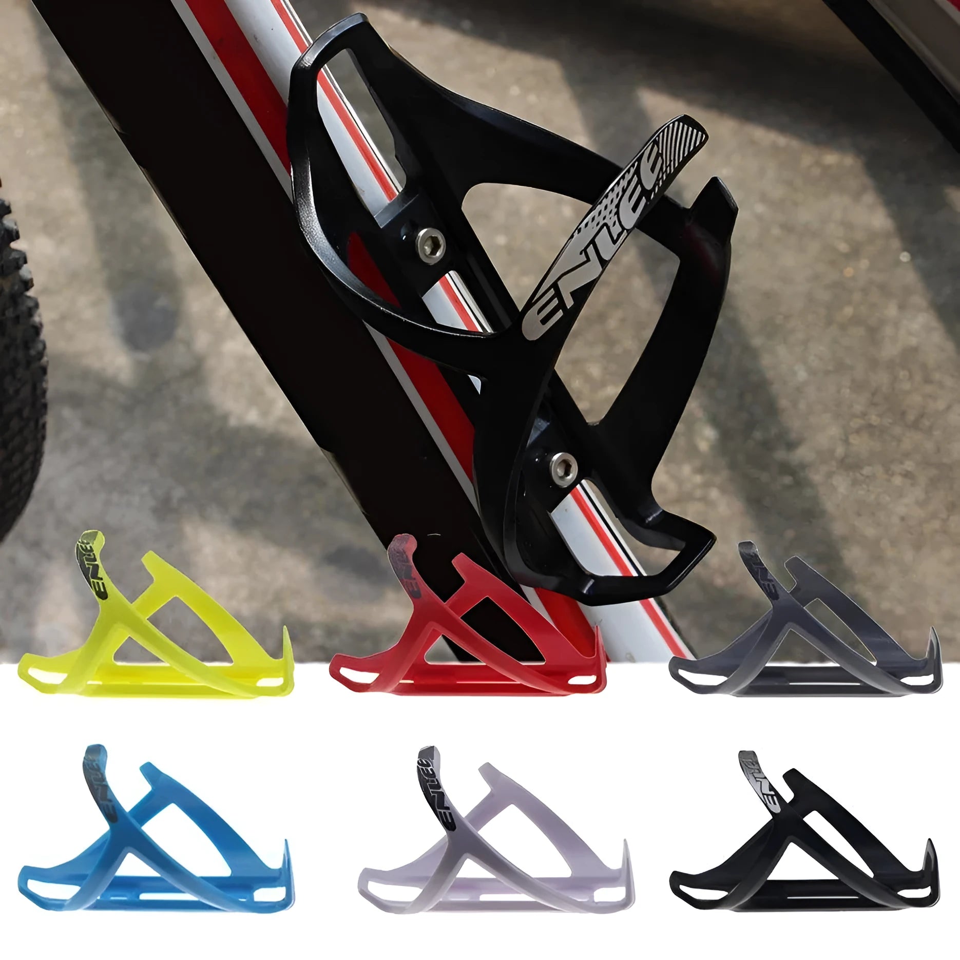 Mountain bike water bottle cage in fluorescent yellow made from tough TPR plastic
