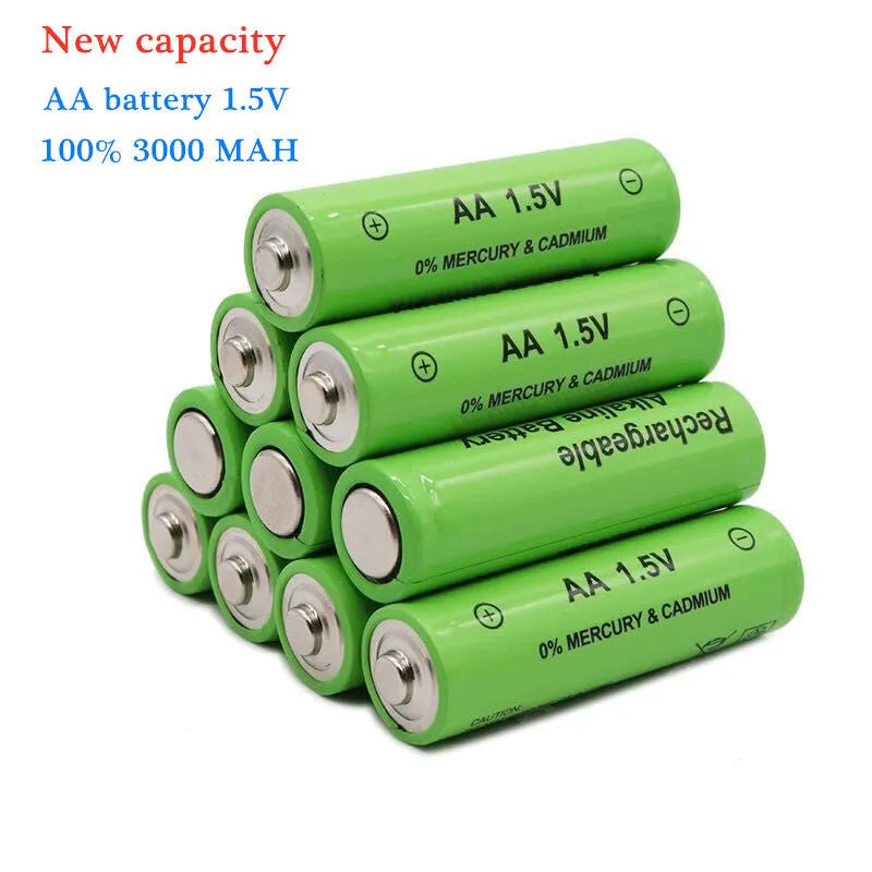 Pack of green AA alkaline rechargeable batteries labelled 3000mAh 1.5V