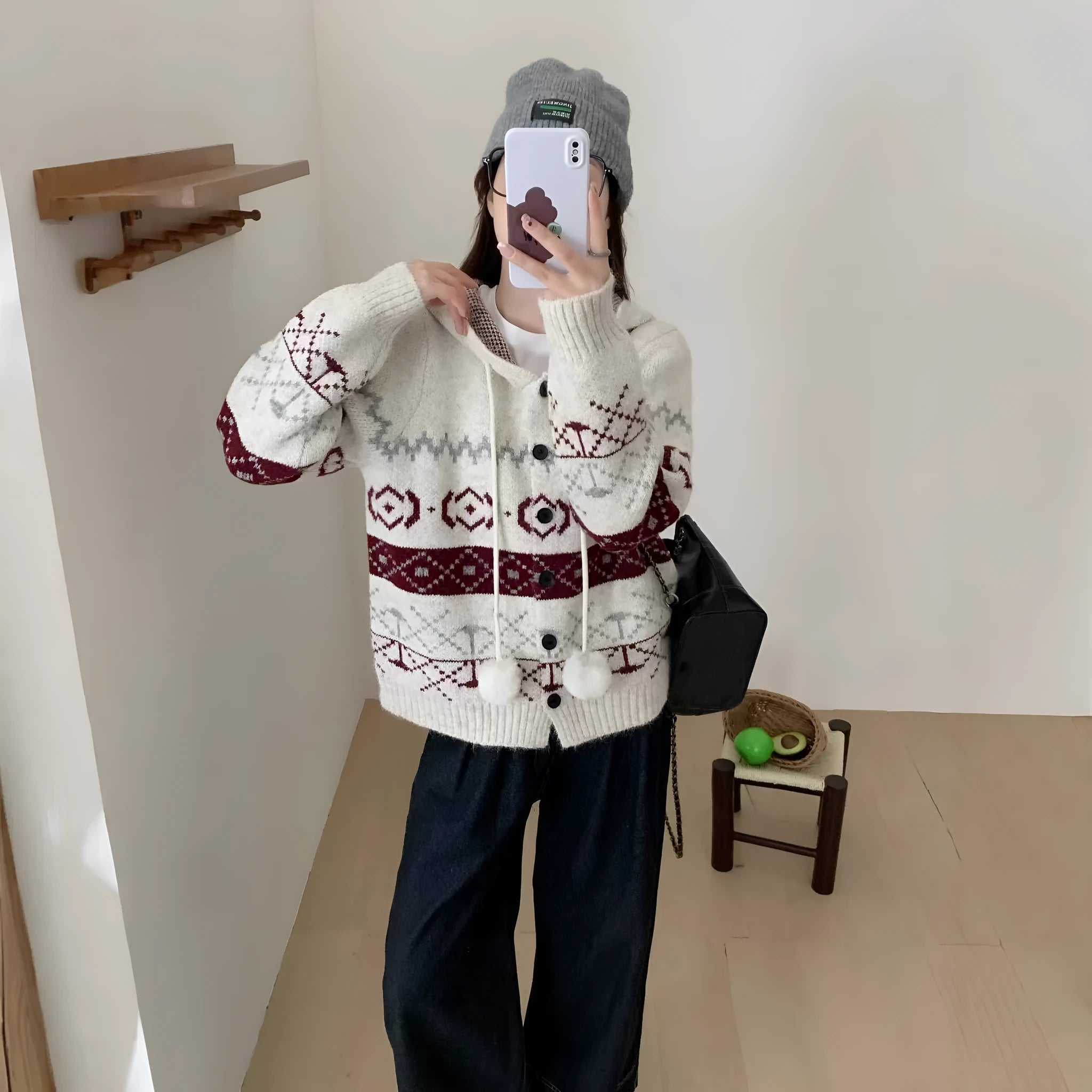 Beige geometric brocade pattern women's loose-fit long sleeve sweater coat