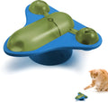 Blue interactive pet puzzle toy with airplane cabin, bell, and suction cup base.
