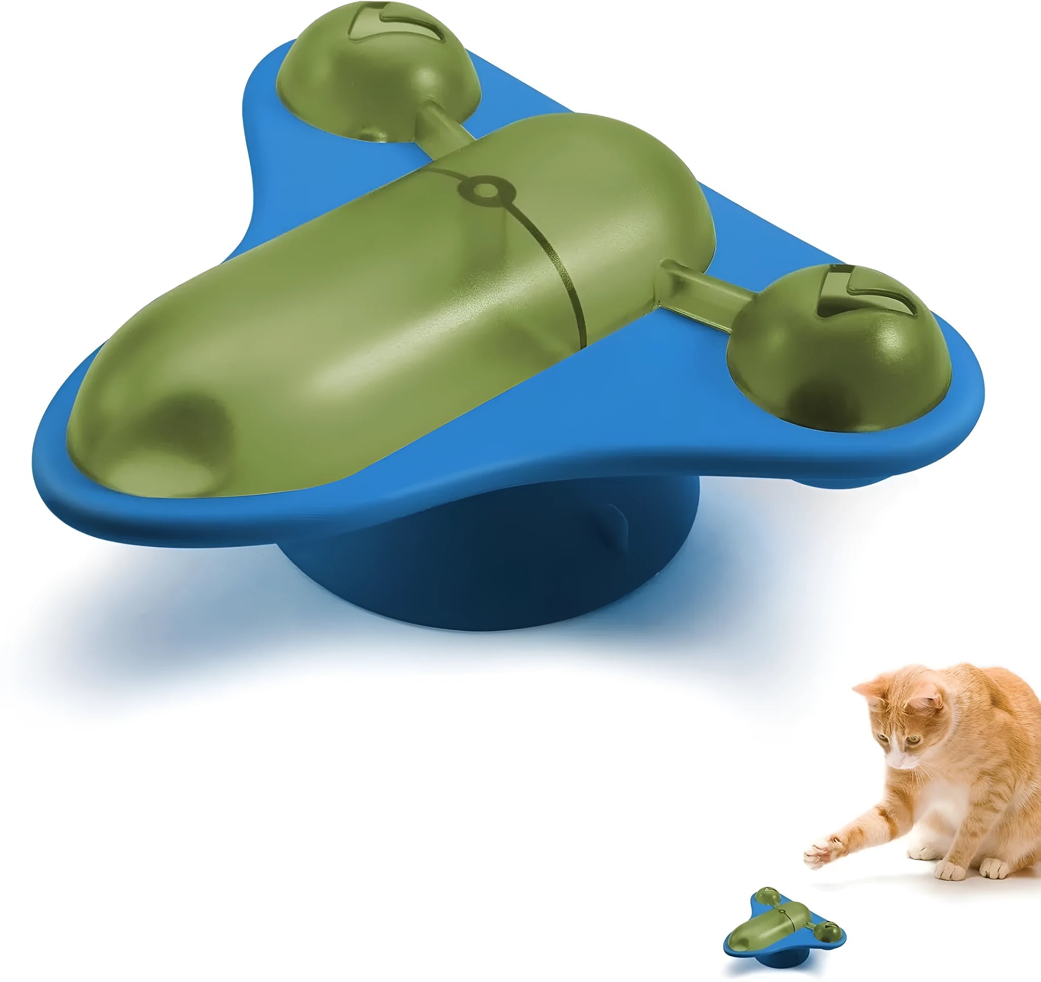 Blue interactive pet puzzle toy with airplane cabin, bell, and suction cup base.