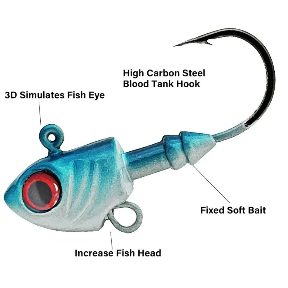 Yayu-shaped lead head fishing hooks in blue, sliver, and yellow, showing various weights from 3.5g to 28g.