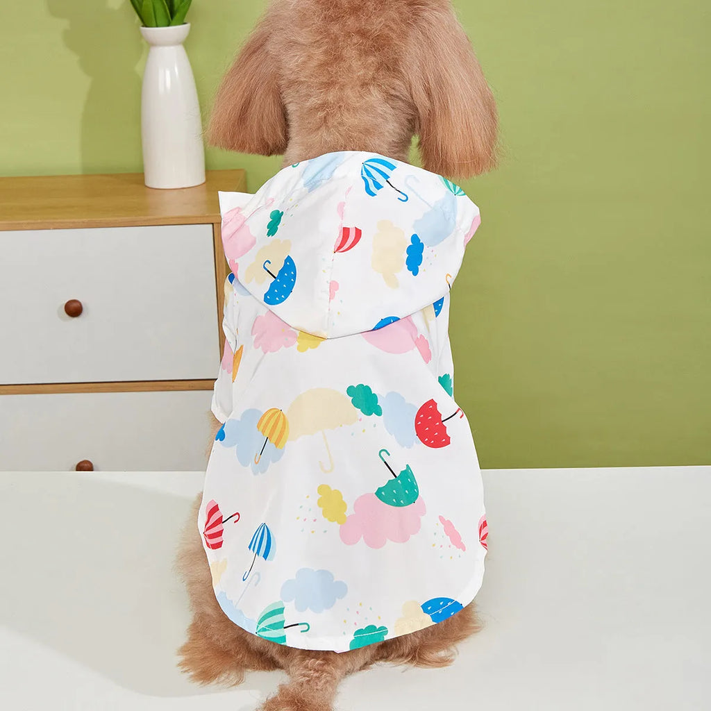 Colourful cartoon umbrella pattern dog raincoat in polyester fabric, size label shown