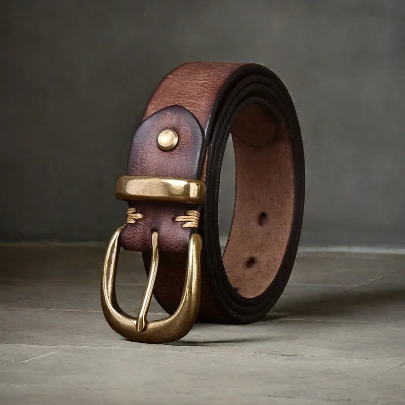 Men's casual leather belt with copper pin buckle in black, brown and khaki colours