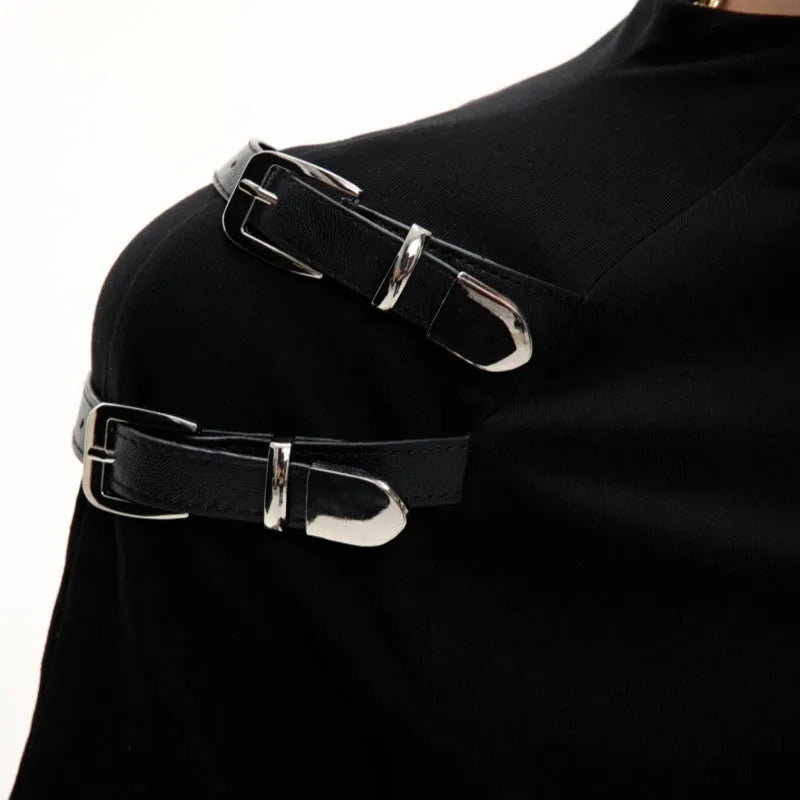 Men's black slim fit cotton T-shirt with metal belt detail and stand-up collar