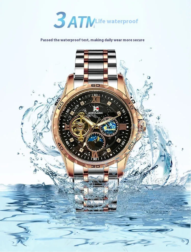 Men's automatic mechanical watch with rose gold case and black dial
