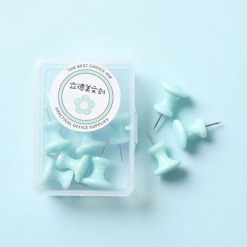 Macaron colour plastic push pins in cherry blossom powder, mint green and lavender in large and small sizes