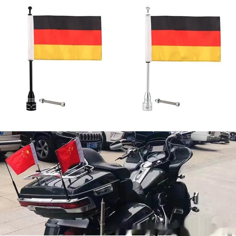 Motorcycle side box flagpole bracket in black or silver electroplated finish